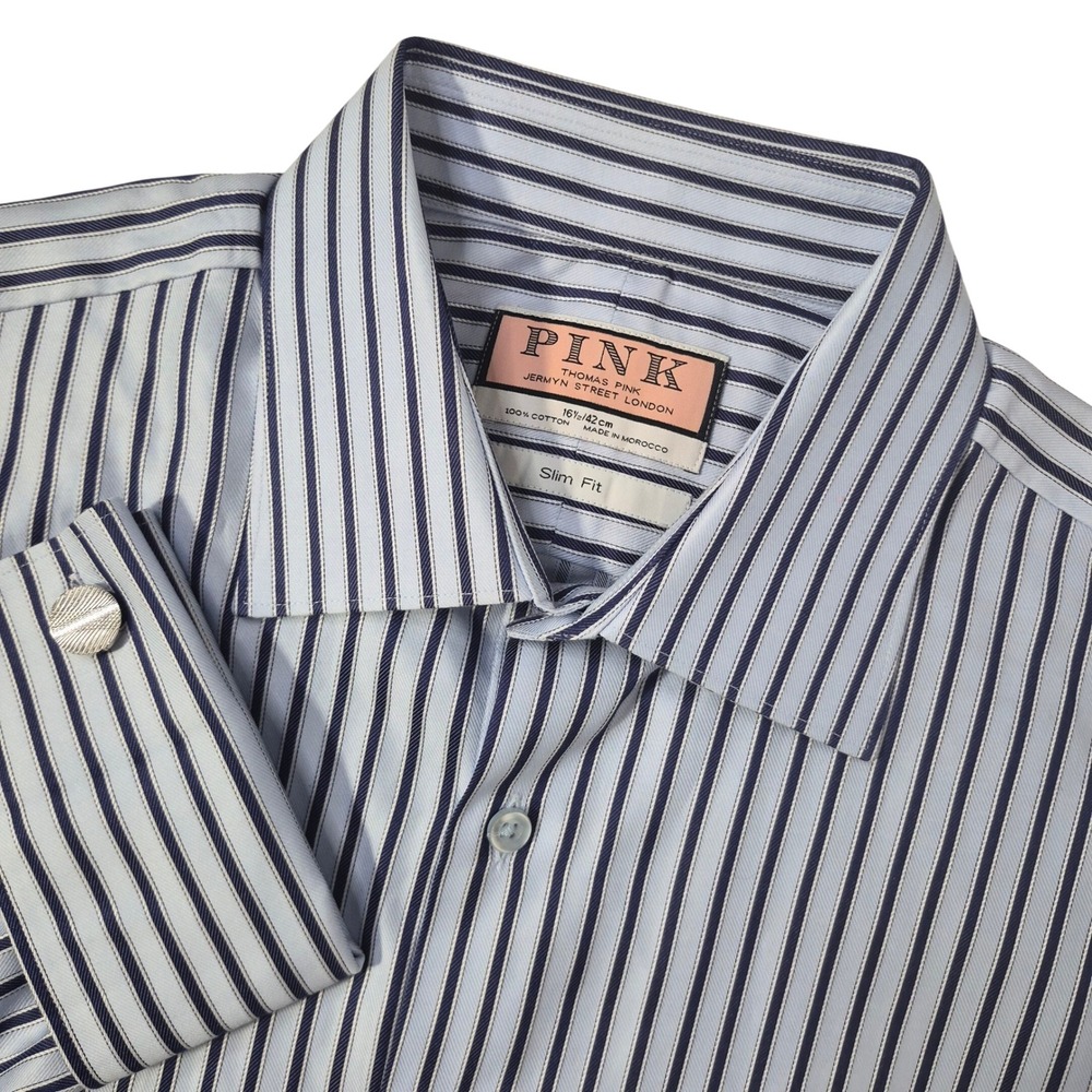 Thomas Pink Dress Shirt Men 16.5 Slim Fit Blue Striped Cotton French Cuff Luxury